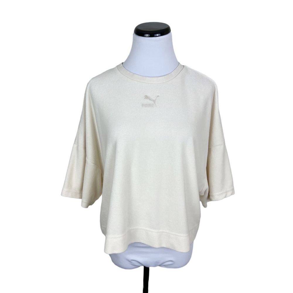 Puma Womens Classics Towelling Crew Neck Elbow Sleeve Crop Shirt Cream Large